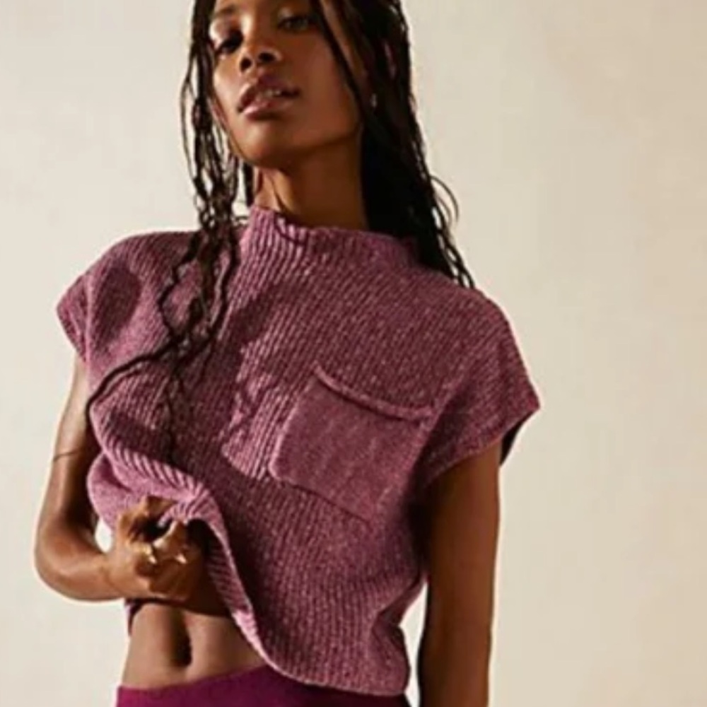 Free People Beach Freya Sweater Womens medium Chunky Pocket Boxy Crop Knit